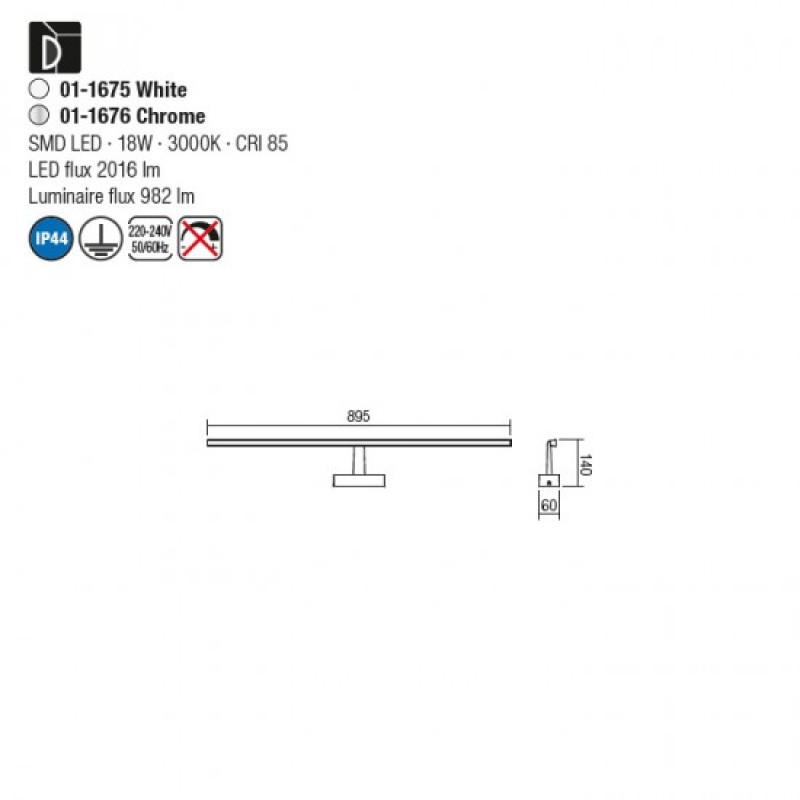 Aplica LED pentru baie Neptune, alb mat, LED, 18W, 90 cm, 01-1675