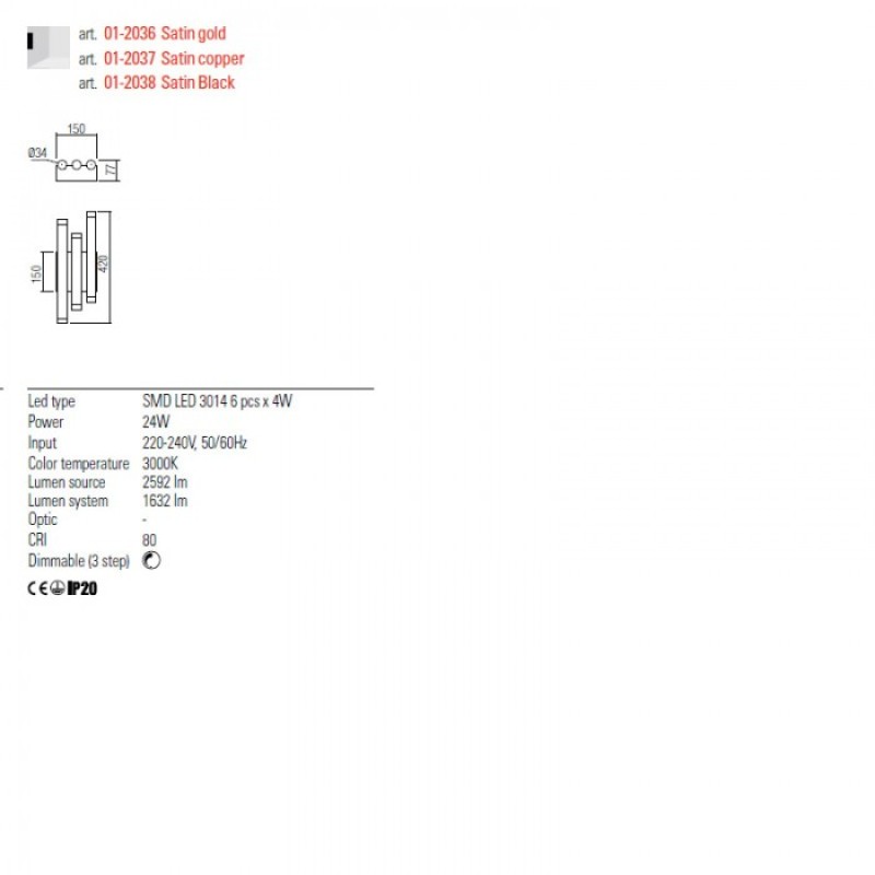Aplica Redo Madison cupru mat LED 24W 1632 lumeni -alb cald 3000K - 01-2037
